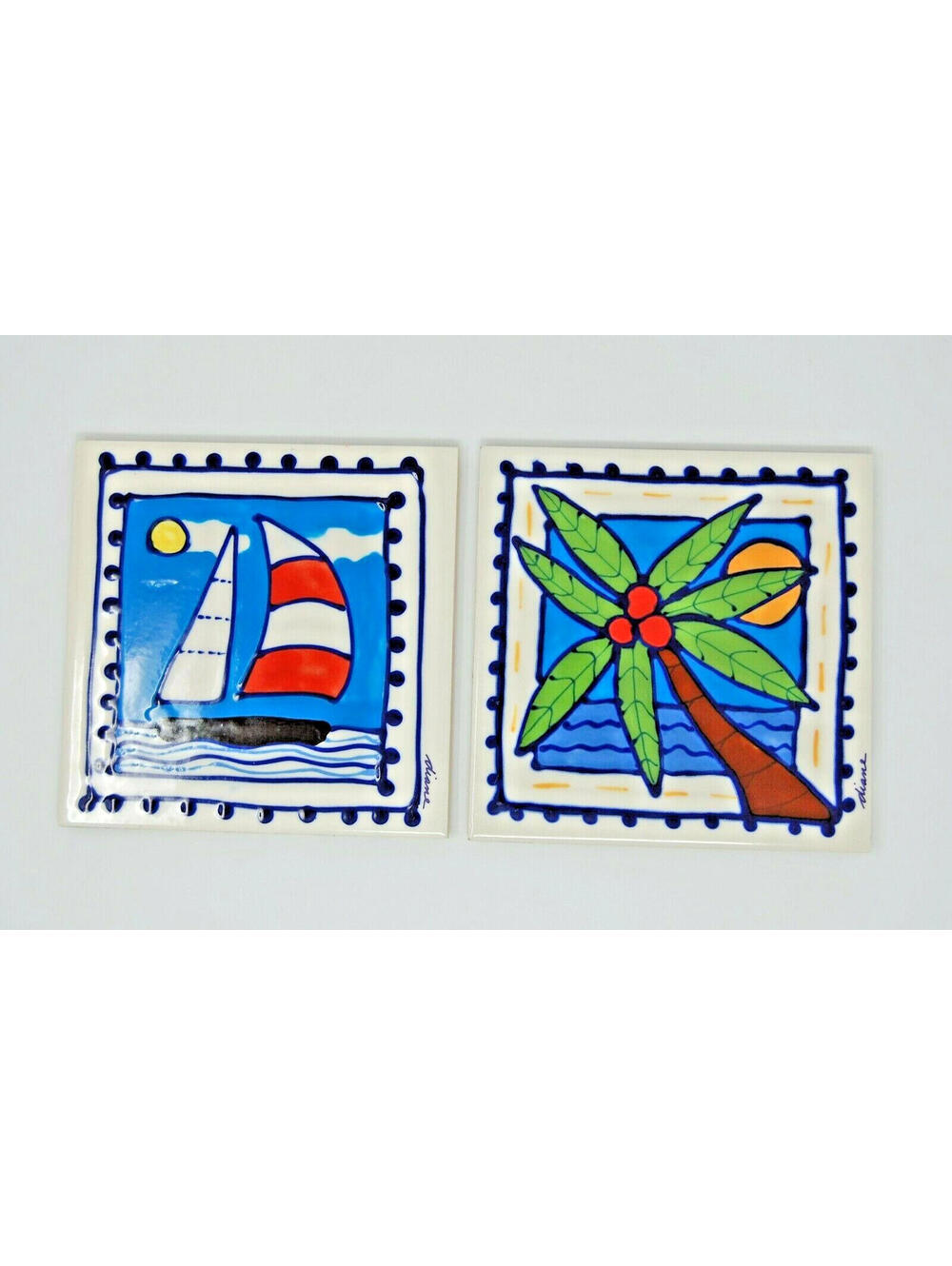Diane Artware Tile Trivet Wall Art Sailboat Boat Palm Tree Beach Sea 6" Vintage